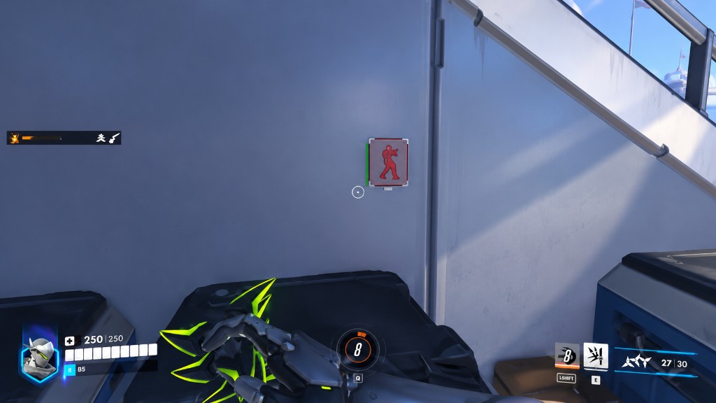 Genji first-person view with an enemy player silhouette shown through a solid wall.