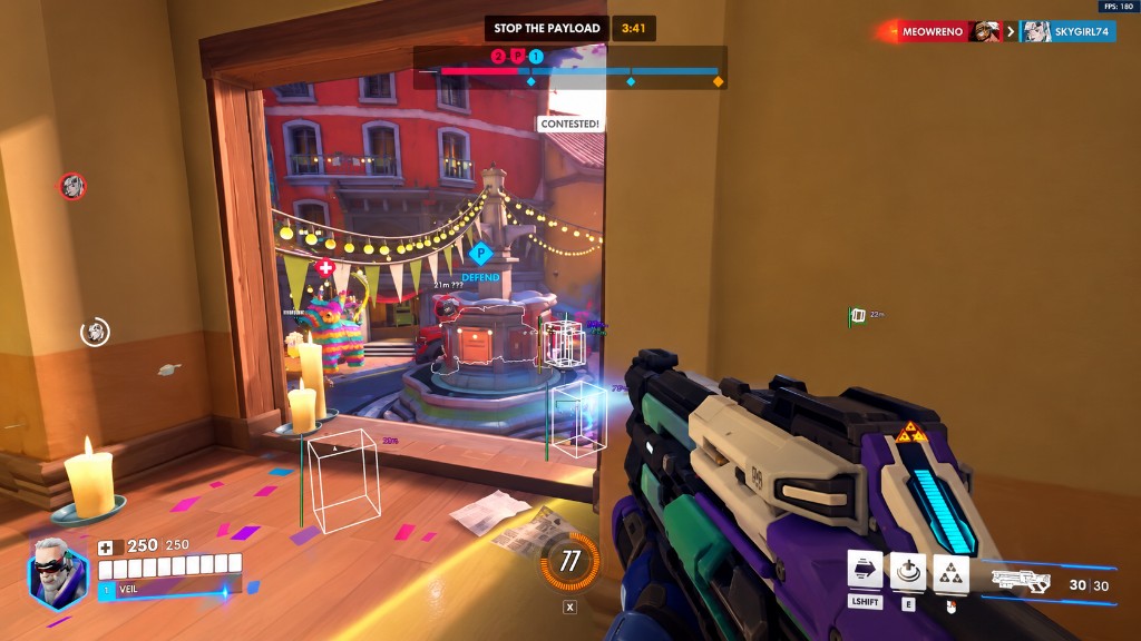 Soldier: 76 on Dorado with enemy wireframe boxes and distance labels visible through a window.